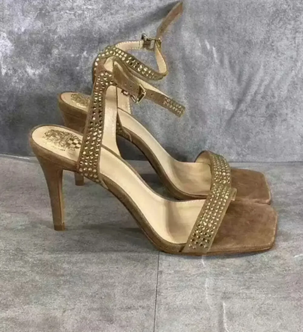 Vince Camuto Amendoa Saprenda Rhinestone Ankle strap 8 1/2 new square toe heels